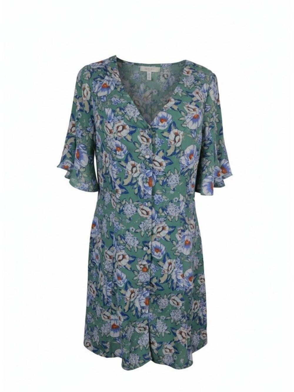 Floral Green Romper With V-Neckline & Flutter Sleeves By Blue Rain - Size S